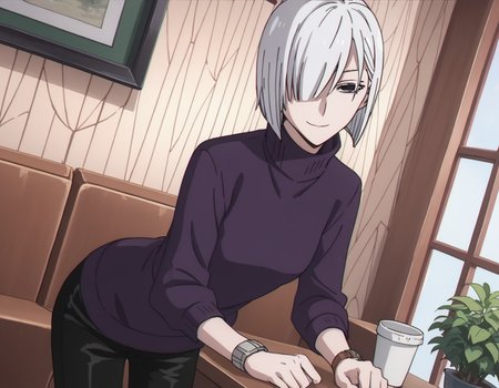 score_9, score_8_up, score_7_up, source_anime,
fionafrost, <lora:fiona-frost-s1-ponyxl-lora-nochekaiser:1>,
fiona frost, white hair, short hair, hair over one eye, grey eyes,
long sleeves, pants, sweater, turtleneck, black pants, watch, turtleneck sweater, wristwatch, purple sweater,
indoors, smile, bent over,
looking at viewer, solo, cowboy shot, dutch angle,