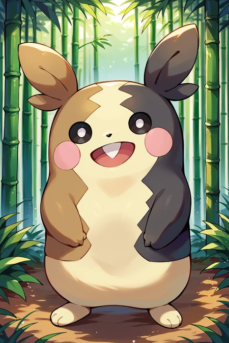 score_9, score_8_up, score_7_up, score_6_up, score_5_up, score_4_up, BREAK  morpeko \(full\), pokemon \(creature\),solo, (multicolored skin), black eyes, white pupils, buck teeth, happy, bamboo forest, <lora:MorpekoPony:1>