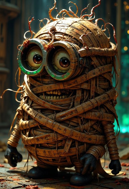 A close-up of a Minion from the movie ''Despical Me'' wrapped tightly in ancient, cursed mummy bandages. The bandages are frayed and stained with dried blood, with tiny glowing symbols etched into them. One of his eyes peers through the gaps in the bandages, glowing faintly green as if enchanted. His skin is cracked and changing beneath the bandages. The bandages appear to move slightly, as if alive, with small, wriggling creatures crawling out from beneath. The background is filled with ancient Egyptian hieroglyphs that glow faintly, adding to the cursed, mystical atmosphere. This concept turns the Minion into a cursed mummy, bound by ancient dark magic.