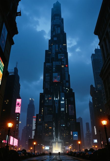 highest details, ultra hyper realism. highly detailed and realistic. intricate and highly professional artwork, an absolute masterpiece.
photo of a complex gigantic science fiction skyscraper reaching into the sky at night, in the (style of  patchwork surreal collage:1.6), polygon mesh, jagged, blocky, wireframe edges, centered composition, limited dark palette, unusual colors, atmospheric haze, highly dramatic ambient lighting.
color haze, atmospheric fog, digital corruption, washed-out background, desaturated world, bleached dystopia, monochromatic with vibrant color pops, flickering neon fractures, and glitching light pulses.