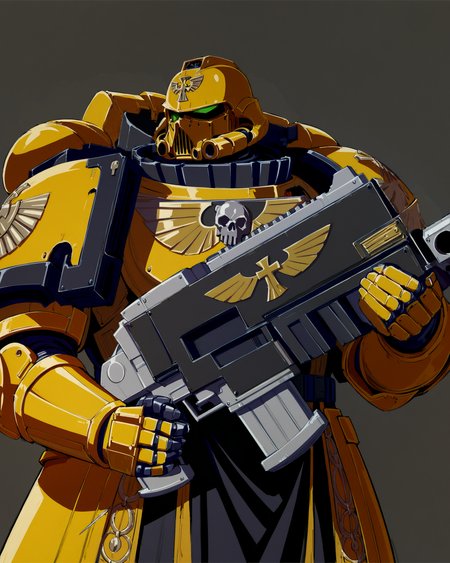 Anime Illustration, full body, Space Marine, imperial fists legion, portrait, standing. He is holding aiming,  a bltgun bolter weapon.He is wearing a yellow helmet, intricate yellow armor, silver trimmings, cross detailing, tabard, torn cape, gauntlets, black fur, plate armor, yellow  full armor, panoply,  gothic architecture,  background, extremely detailed, absurdres, masterpiece, cel shading,
<lora:Astartes:0.8>  <lora:add-detail-xl:0.8>  <lora:Bad_Hands_lora:0.8>     <lora:Bolter_-_Warhammer_40000_SDXL:1>