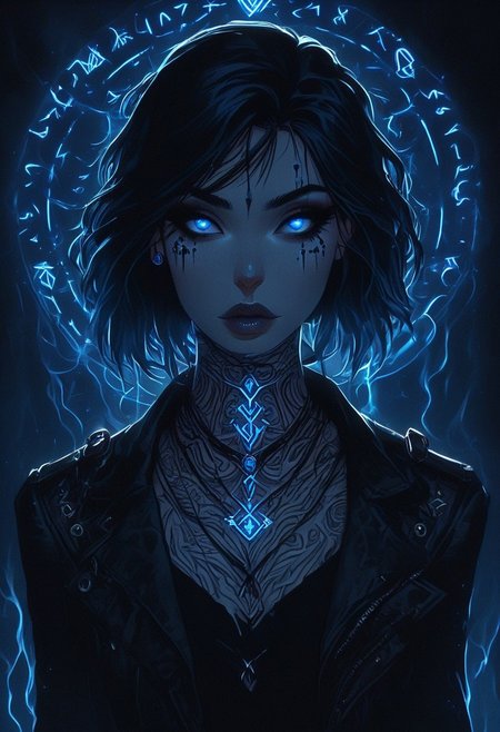 dark magic, glowing blue runes,  digital painting of a woman with black hair wearing a dark blue and black outfit. She is holding a large sword in her right hand, with her left hand holding it near the base. Her eyes are light blue and her lips are red. She has a black choker and a pierced nose and her hair is styled in a bob with blunt bangs. The woman has several glowing runes on her skin, including writing on one arm and a symbol on the other. The wall behind the woman is gray and is covered with more unintelligible markings. The woman is staring at something just off the right side of the frame. The image gives off a dark, magical, and mysterious vibe.
 The background has a blue-green color scheme with a subtle pixelated effect.
Overall, the image is a fantasy illustration depicting a mysterious being with magical powers and a menacing presence. It hints at a story of magic and mystery in a world that is both alien and captivating.