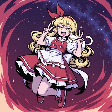 masterpiece, best quality, absurdres, amazing quality, high quality, highly detailed, intricate detail, colorful, aesthetic, 
1girl, ellen (touhou), (:D), long hair, yellow eyes. curly hair, blonde hair, red hair ribbon, red hairband, puffy short sleeves, white buttons, waist bow, red skirt, red shoes, red maid outfit, white buttons, apron, 
make V with fingers, double v, smile, full body, jumping, floating, hands up, detailed hands, detailed fingers, animal on shoulder
BREAK
sokrates (touhou), white cat, jitome,
BREAK
starry sky, blue streaks, dutch angle,