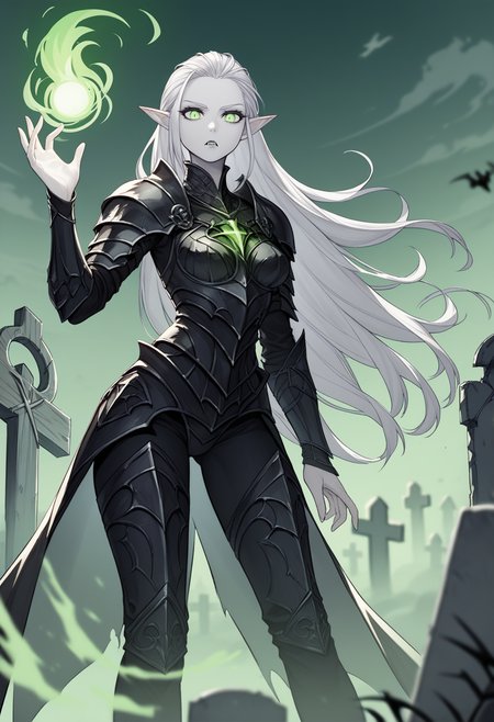 score_9, score_8_up, score_7_up,<lora:kingsstyle-10:1.0>, <lora:Lineart_sketch_v1_USENEG:-0.5> lineart, sketch, 1girl, dark knight, evil, black armor, white hair, forehead, hair slicked back, pale skin, graveyard, fantasy, medium breasts, impossible clothes, thighs, very long hair, vampire, silver hair, green eyes, eyelashes, energy, magic, green glow, unholy, fog, muted color, looking at viewer, detailed background, pointy ears, arm at side, hand up, open hand, depth of field, crypt