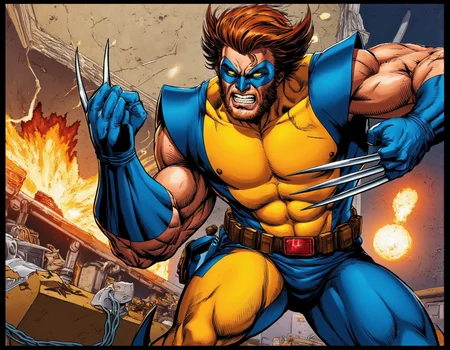 <lora:martoonia:0.65> martoonia, A vibrant, dynamic illustration in the style of classic Marvel cartoons, featuring Wolverine from the X-men, with his iconic yellow and blue costume, standing heroically in a powerful pose. His facial expression is a fierce snarl, showcasing his sharp, pointed teeth and intense, piercing yellow eyes, with a few strands of his brown hair messy and unkempt. His muscular build and rugged skin texture are accentuated by the bright, bold lines and colors of the cartoon style. He wears his signature adamantium claws, gleaming with a metallic sheen, and a utility belt around his waist, complete with various pouches and tools. The background is a blurred, energetic depiction of the X-men's Danger Room, with hints of futuristic training equipment and explosive special effects. The lighting is bright and dramatic, with bold shadows and highlights that emphasize Wolverine's dynamic pose. The shot is a wide-angle, action-packed view, capturing the intensity and energy of the character. The image features a stylized, exaggerated rendering style, with thick lines, vibrant colors, and a sense of kinetic motion, perfectly capturing the essence of the Marvel cartoon aesthetic. The overall mood is one of high-octane action and superhero excitement, with a focus on Wolverine's unstoppable ferocity and unwavering dedication to the X-men. The illustration is framed by a subtle border, with a faint, gradient effect that adds depth and visual interest to the image. The texture is smooth and glossy, with a slight sheen that suggests a high-quality, comic book-style print. The overall effect is a thrilling, action-packed visualization of Wolverine in the classic Marvel cartoon style. . 35mm photograph, film, bokeh, professional, 4k, highly detailed