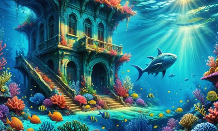 Beautiful detailed digital illustration of a Coral reef city of underwater merfolk <lora:Dreamyvibes artstyle SDXL - Trigger with dreamyvibes artstyle:0.7> Dreamyvibes Artstyle, <lora:Rainbow_Style:0.6>