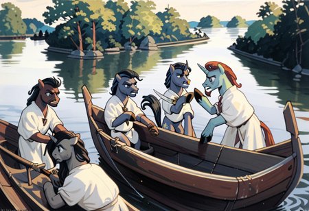 score_9, score_8_up, score_7_up, score_6_up, score_5_up, score_4_up, source_pony, BREAK a painting of multiple ponies on a boat, multiple ponies, 6+male, 6+female, unicorn, pegasus, male, female, water, boat, watercraft, weapon, knife, holding, outdoors, trees, agk_akseligallen-kallela_-_kalevala, traditional media