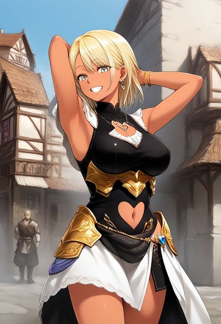 masterpiece, best quality, absurdres, perfect antomy, 1girl, nagisa, grey eyes, blonde hair, medium hair, large breasts, dark skin, ear piercing, pendant, bracelet, solo, large breasts, fantasy, jewelry, leg armor, (navel-heart-cutout, armored dress:1.2), smile, :d, hands up behind head, armpits, village, outdoors,