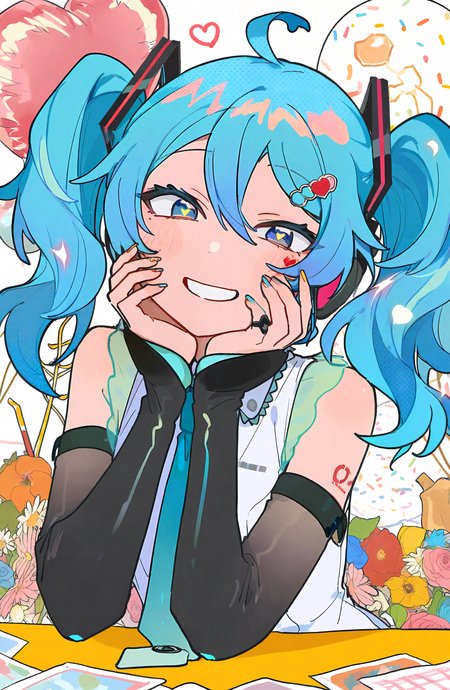 hatsune_miku, 1girl, solo, long_hair, looking_at_viewer, smile, blue_eyes, shirt, hair_ornament, hair_between_eyes, twintails, blue_hair, upper_body, ahoge, heart, necktie, detached_sleeves, sleeveless, nail_polish, grin, sleeveless_shirt, head_rest, black_sleeves, hands_on_own_face, balloon, hands_on_own_cheeks