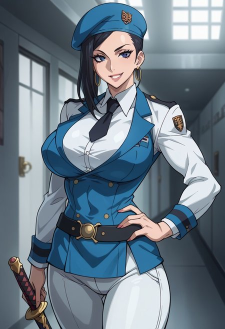 score_9, score_8_up, score_7_up, score_6_up, BREAK, 
mkna, standing, hand on hip, wearing (dark military_uniform, beret, tie, white pants, belt, sword), sheath, hoop earrings, large breasts,
torso, beautiful face, (revealing clothes), (tight outfit: 1.3), tall girl, sexy smile, abs, very fit, muscles, toned, huge breasts, slut, whore, round breasts, breasts together,