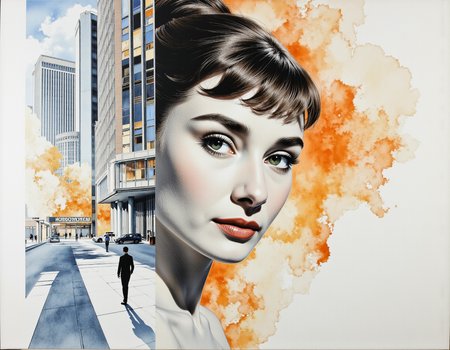 masterpiece, HDR, (finely intricate details:1.4), ultra high resolution, an award-winning hyperrealistic drawing of sks woman, Audrey Hepburn, partially dissolving into swirling urban abstractions in pastel hues, highlighted facial contours with thick confident brushstrokes in watercolor washes between blurred modern architecture elements, subtle transition between the woman and the architectural elements. cool soft atmosphere radiating subtle luminescence and filtered light effects enhancing dreamlike state. Modern urban backdrop with abstract forms, soft mist filtering visibility creating atmospheric perspective, intricate detail captured through expressionist abstract quality resembling a delicate watercolor masterpiece. style reference: inspired by Mary Weatherford's large-scale urban impressionism; enhanced luminosity from atmospheric filtering and blurred edges creating ethereal dreamscapes. <lora:flux_audreyhepburn_v2:0.8>
