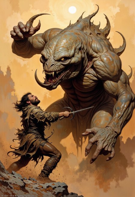 score_9, score_8_up, score_7_up, 8k high quality digital painting, masterpiece, very detailed, ultra realistic, (best quality) very detailed epic masterpiece, boris vallejo style, frank frazetta style, realistic oil painting, retro artstyle, full body, side view, backlight, we see a primeval muscular cave-man in fur clothing fighting a big bizarre monster, sundown, the setting sun casts long shadows, backlight, action movement, screamingfairytale-like, realistic detailed oil painting style Rembrandt style, Vermeer style, heroic fantasy, realistic, realism, full body