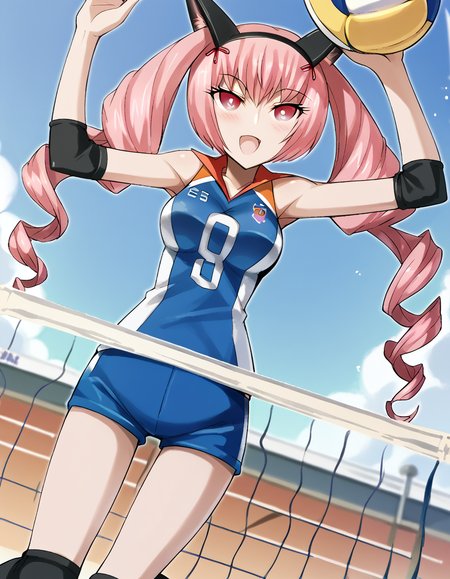 score_9, score_8_up, score_7_up, source_anime, <lora:rumiho-akiha-ingame-ponyxl-lora-nochekaiser:1>, rumiho akiha, long hair, twintails, pink hair, drill hair, twin drills, red eyes, animal ears, cat ears, medium breasts,, <lora:volleyball-spike-ponyxl-lora-nochekaiser:1> volleyball spike, ball, jumping, volleyball (object), volleyball, volleyball net, arm up, looking up,, open mouth, blush, smile, <lora:volleyball-uniform-ponyxl-lora-nochekaiser:1> volleyball uniform, sportswear, elbow pads, elbow sleeve, knee pads, sleeveless, shorts, short shorts,, cowboy shot,, , dutch angle, cowboy shot