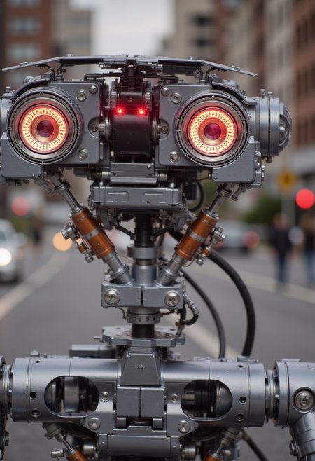 a_skynet_cyberdyne_craft, the image is featuring a, Johnny5 robot. red eyes. evil. Text on screen "Need Buzz"