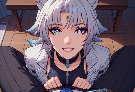 score_9, score_8_up, Feixiao, SH_HSR_Feixiao,  star rail, black sports bra, black sports shorts, 1girl, fit, blue eyes, (wolf tail), happy
eyedetailxl, bettereyes, detailed_eyes, white_pupils, 
chinese bedroom
BREAK (male sitting on chair, male pov, male wearing suit, woman kneeling in front of male, male pov looking down, female looking up )