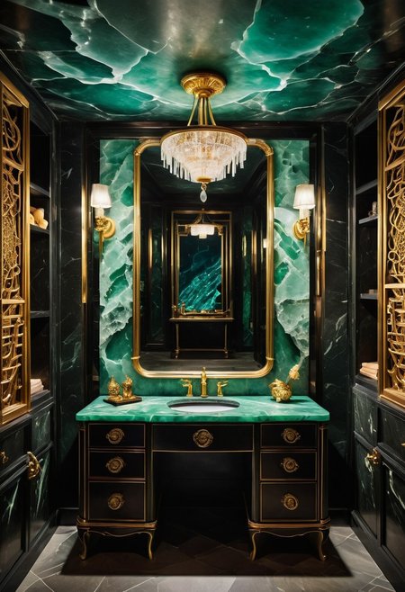 a cabaret singer's smoky dressing room within a crystal cavern; the cavern wall is a granite blend of obsidian, quartz, and jade. (The room is illuminated by a pair frosted-jade or soapstone sconces, inset into the wall on either side of a vanity mirror). Several beautiful and varied ao dai dresses hang from a clothing rack next to an ornate armoire. the neo-noir ambience combines a sense of intrigue with opulence.