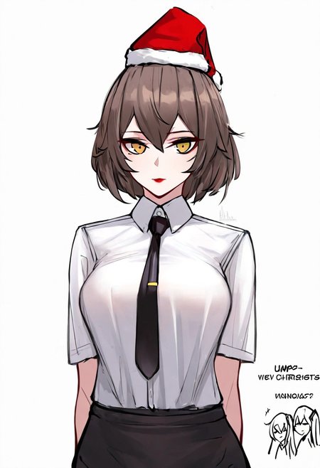 High resolution, high quality detailing, character emphasis, 1 girl, UMP-45 (Girls' Frontline), highly detailed face, highly detailed hair, brown hair (short hair), high quality face, red lips, Christmas hat on head, medium breasts, white shirt (tie on shirt), half body, standing, masterpiece, top quality, very aesthetically pleasing, no background