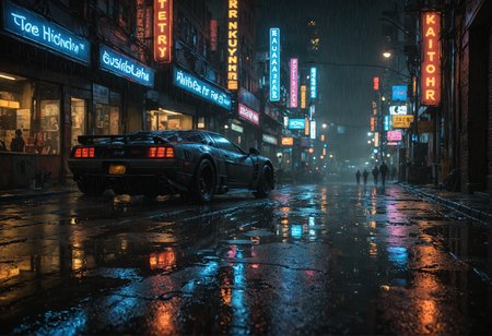 <lora:cybepunk:1> Cyberpunk atmosphere, A nocturnal cityscape bathed in rain, captured with a Nikon D850 (24-70mm f/2.8, ISO 3200), focusing on glistening asphalt reflections; the bokeh effect from streetlights adds a dreamy, neon-noir style (neon vibes:1.5), with leading lines (leading to infinity:1.3) drawing the eye forward, and a hint of HDR technique (vivid details:0.8) to accentuate the wet surface textures, emulating a cinematic, Blade Runner-esque atmosphere
 <lora:3DCyberpunkStyleXL:0.8>, (masterpiece, award winning artwork) many details, extreme detailed, full of details, Wide range of colors, high Dynamic <lora:add-detail-xl:1> <lora:WildcardX-XL-Detail-Enhancer:0.9> <lora:SDXLFaeTastic2400:0.085> <lora:MJ52:0.185> <lora:sinfully_stylish_SDKL:0.11> <lora:casting shadow style v2:0.1> <lora:CinematicStyle_v1:0.42> casting shadow style, cucoloris patterned illumination