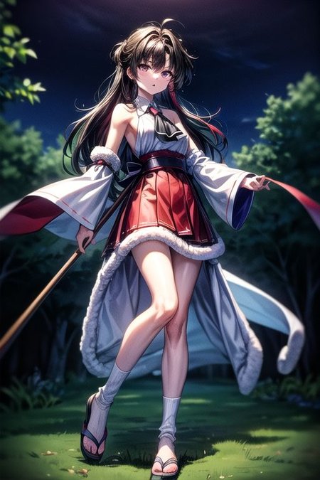 masterpiece,  best quality 1girl Setsun4 solo long hair,  (night time) forest background black hair very long hair purple eyes multicolored hair armor (fur trim) (medium body),<lora:EMS-179-EMS:0.800000>,<lora:EMS-293862-EMS:0.800000>ascot, bare shoulders, black footwear, detached sleeves, embellished costume, frills, japanese clothes, nontraditional miko, red skirt, sandals, sarashi, skirt, socks, armor, miko