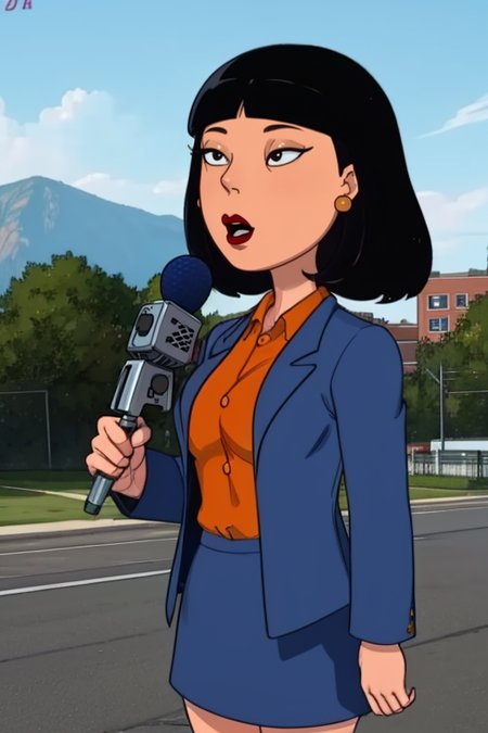 Tricia, shirt, blue jacket, dress skirt, heels, gold earrings, 
solo, black hair,  standing,  upper body, 
holding a microphone,  outdoors, 
(insanely detailed, beautiful detailed face, masterpiece, best quality)   <lora:Tricia:0.8>