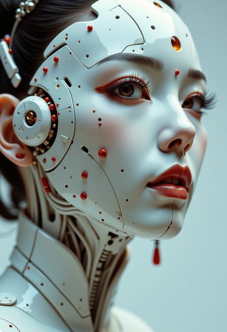 in the style of ck-ncr, female geisha android, white ceramic face mask covering half of her face, the other side exposes the mechanical and cybernetic parts of her