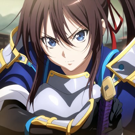 solo,anime coloring,looking at viewer,masterpiece,high score,great score,absurdres,armor,<lora:ShibataKatsuie ag4o:1> shibatakatsuie, brown hair, ponytail, blue eyes,holding katana,