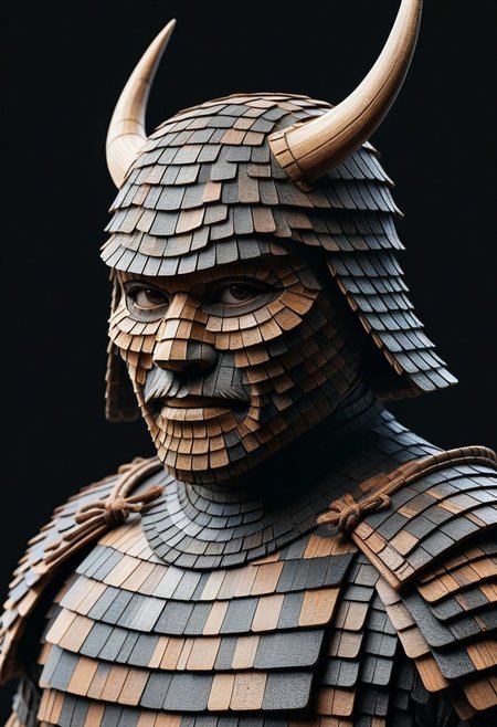 detailed, realistic, 8k uhd, high quality, masterpiece, mad-shingles, samurai, samurai armor made of shingles, samurai_mask, black background