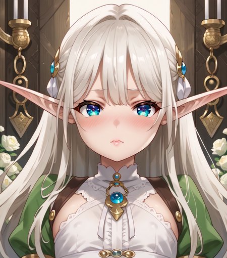 score_9, score_8_up, score_7_up, score_6_up, score_5_up, score_4_up, source_anime, anime screencap, masterpiece, insanely detailed, detailed background, zPDXL3, usagi_nagomu_style, 1girl, solo, long hair, looking at viewer, blush, pointy ears, elf, face focus
