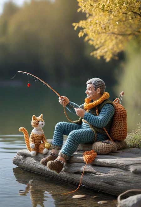 A man fishing with his cat, lake, sitting, by saint exupery, crocheted style