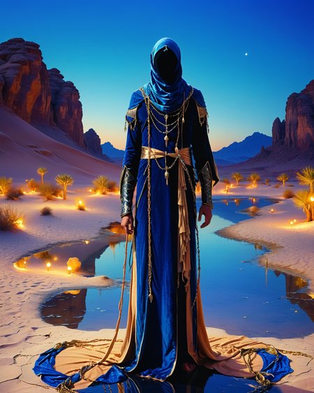 hooded human sorcerer standing at a desert oasis, velvet, chains, water, reflections, blue hour, intense colors, high contrast, camel, warriors, <lora:add-detail-xl:1.0>,  <lora:xl_more_art-full_v1:0.4>,  <lora:XSfenlie:1> fenliexl, <lora:lora:1>, realistic photo