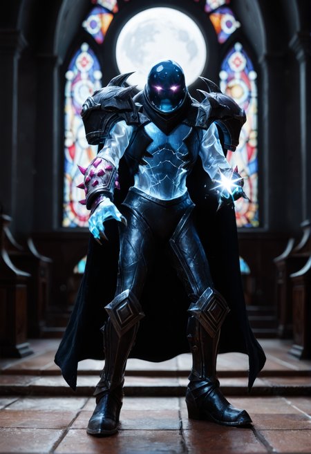 <lora:Arc_Warden_v1:1> arc_warden_v1,
1boy, no humans,
glowing,
claws,
armor, cape, helmet,gloves, shoulder armor, boots, gloves,,, score_9, score_8_up, score_7_up, score_6_up, derpibooru_p_95,
detailed eyes, beautiful, detailed background, perfect eyes,
blur censor, blurry, blurry background, blurry foreground, bokeh, motion blur,
chromatic aberration, depth of field, figure, focused,  focus
photography, realistic sun light and shadows, photorealism, UHD --ar 9:16 --style raw --stylize 700,
solo,
European architecture,Gothic architecture,European churches,intricate and ornate decorations,towering spires,pointed arches,large windows,large stained glass,cross arches,slender columns,magnificent appearance, in deep night; deep blue; very dark; bright moon; no clouds, priest outfit, __pose/church pose__