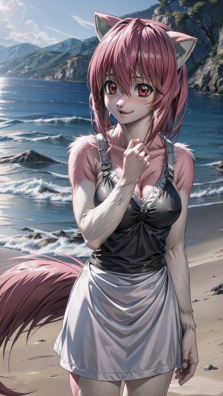 ((( lucy \(elfen lied\),  , elfen lied, Furry Girl, body fur, pelt, ))),  <lyco:Transform Characters into Furry Fox Girls:0.8>  <lora:add_detail:0.2> <lora:LucyV1:1> BREAK,
red eyes, pink hair, short horns, BREAK, 
on beach,, masterpiece, best quality, hyperrealistic, extremely detailed, highly quality, 4k, sharp focus, professional photograph, sharp focus, award winning, cinematic lighting, octane render, unreal engine, volumetrics dtx, Wallpaper,