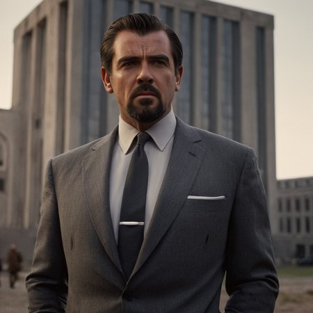 cinematic film still of  <lora:James Bond 007 style:0.9> detailed sharp image of
Hugo Drax Michael Lonsdale a man in a grey suit standing in front of a building,solo,looking at viewer,black hair,1boy,male focus,facial hair,arms behind back,letterboxed,beard,realistic,mustache , dramatic light, dramatic shadow light, contrast, cinematic color, cinematic look, filmic, realistic, realism, perfection, perfect, Kodak, Kodak film, movie still, spy film, action themed, espionage, James Bond style, James Bond film style, 007 style, 007 film style, shallow depth of field, vignette, highly detailed, high budget, bokeh, cinemascope, moody, epic, gorgeous, film grain, grainy