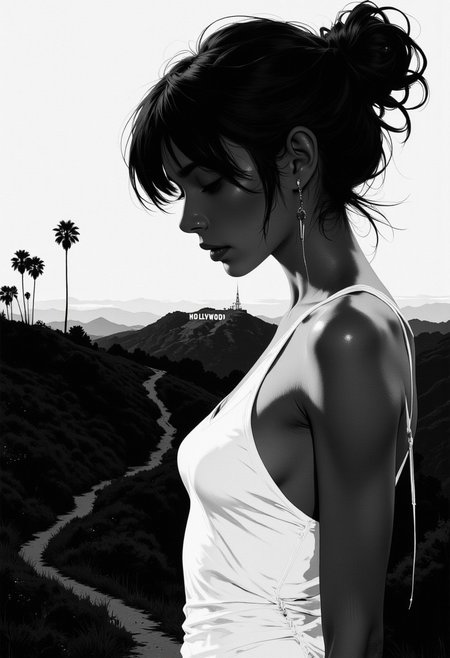 A beautiful woman in a white dress, An Eames era painting of a black and white scene with a femme fatale beside on top of a hill looking down at the Hollywood sign, dreamy, looking far away, nostalgic for the bygone Hollywood of a lost era. 