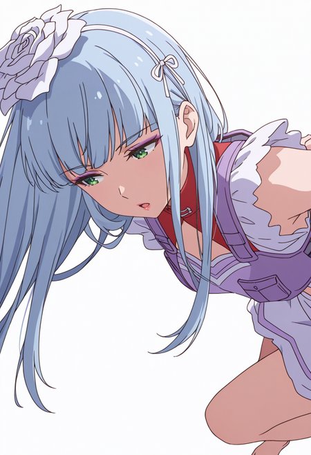 Smooth Quality,masterpiece,very intricate, high quality details, ultra realistic, high detailed skin,detailed enviorement,absurdres,
 <lora:Manami_Supernova_CNR:0.8> manami_cnr, 1girl,blue hair, long hair, blunt bangs, green eyes, makeup, lipstick,white flower,hair flower, hair ornament,, simple background, white background, sideways,solo,
one leg extended forward, arms behind back, slight torso twist, weight on back foot  ,, :o,, anorak,  ,tactical vest,  ,suspender skirt,  ,