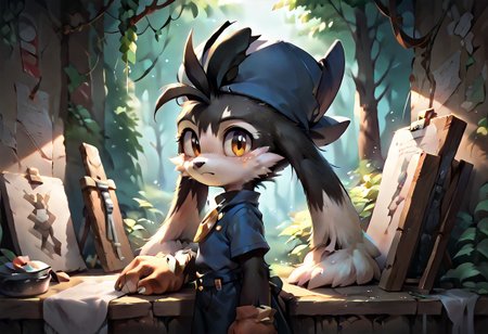 score_9, score_8_up, score_7_up, score_6_up, score_5_up, score_4_up, <lora:Klonoa_Character_PonyXL:0.8> ,  Klonoa, two long ears, fur, anthro, Klonoa, g5, rich colors, forest operations, forest, thicket, communal appearance , presents a painting of rabbits and pony, aroused, front view, detailed background, detailed, 8k quality, side view, beautiful, teasing, easel and brushes, leaned to the floor, freely actions, dress,