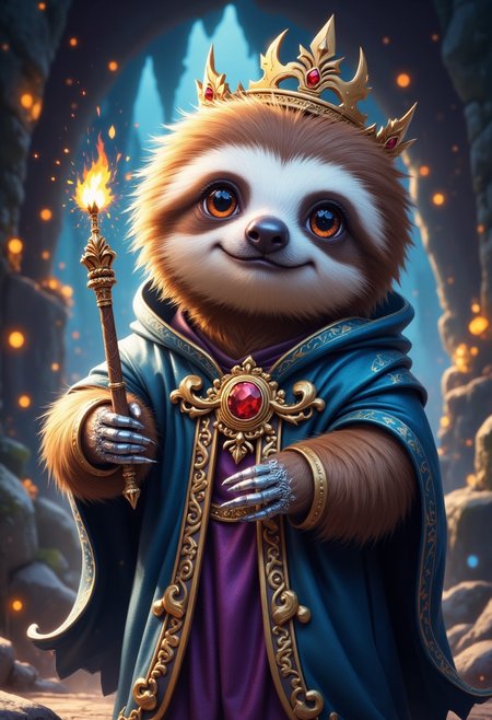 cute sloth king with crown, wearing a mystical magic robe, holding a magic stuff.
In background a mystic cave with magic lights, aidmaMJ6.1