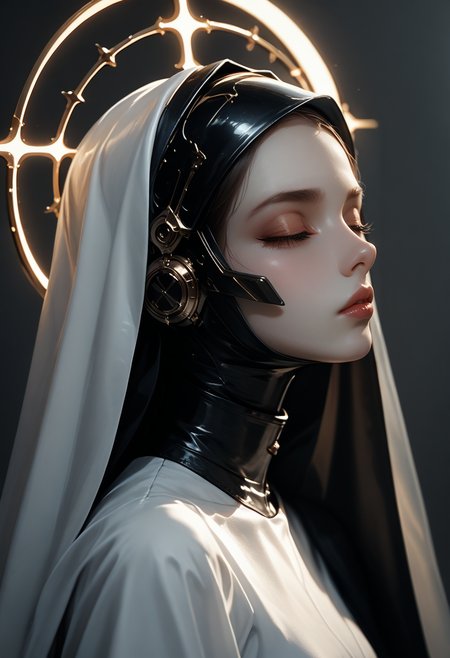 (score_9, score_8_up), score_7_up, 1girl, simple background, closed eyes, upper body, shiny, grey background, from side, lips, eyelashes, profile, colored skin, headgear, halo, helmet, pale skin, veil, close-up, science fiction, white skin, realistic, nose, grey theme, latin cross, white skin, nun, red background, detailed skin,
dark, blurry background, dark lighting, dof, depth of field, realistic, dark background,
<lora:unholy-000009:0.9>   <lora:CINE-000008:0.3>