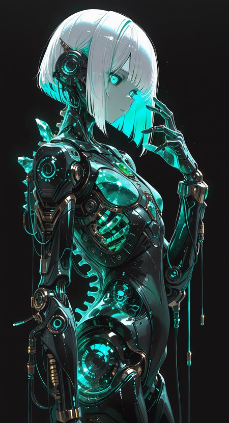 masterpiece, best quality, good quality, very awa, newest, highres, absurdres, 1girl, solo, looking_at_viewer, short_hair, closed_mouth, white_hair, multicolored_hair, cowboy_shot, hand_up, two-tone_hair, from_side, aqua_eyes, aqua_hair, expressionless, glowing, bob_cut, black_background, robot, gem, colored_inner_hair, glowing_eyes, crystal, android, cable, joints, mechanical_arms, robot_joints, green_gemstone, mechanical_parts, spine, limited palette, h4ra_illu <lora:illustriousXL_stabilizer_v1.23:0.3> <lora:NOOB_vp1_detailer_by_volnovik_v1:0.3> <lora:ponyv6_noobE11_2_adamW-000017:0.3> <lora:114558v4df2fsdf5:0.6> <lora:XXX667:0.4> <lora:-_iLL_-_the_edgy_mech_V2.0-:0.8>