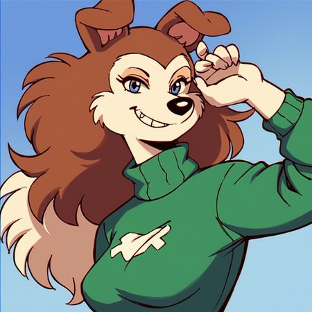 score_9, score_8_up, score_7_up, score_6_up, score_5_up, score_4_up, (Source furry), (rating safe),  <lora:ColleenXL:0.7>, 1girl, solo, breasts, looking at viewer, smile, brown hair, shirt, animal ears, upper body, teeth, grin, turtleneck, dog ears, retro artstyle, animal nose, snout, dog girl, colleen, blue eyes, two-tone hair, two-tone fur, furry, furry female, long hair