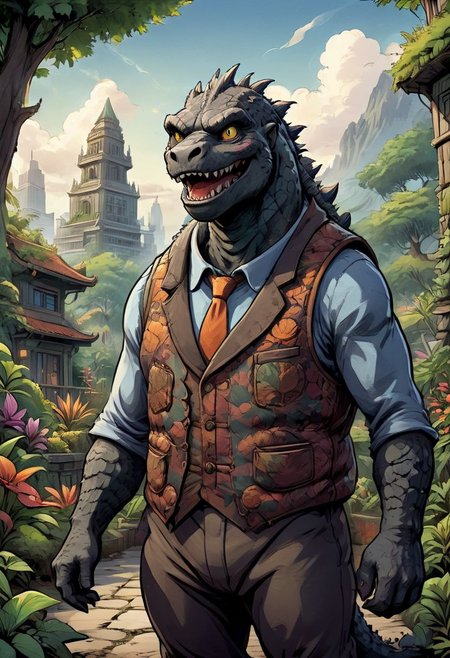 godzilla, vest, smug, fantasy garden background, funny, satirical, cartoon drawing, detailed, magical, beautiful, depth of field, deep colors, deep shadows,
