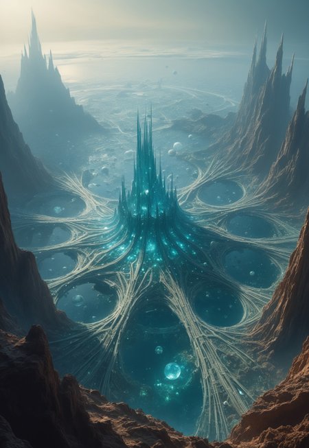 Roger Dean-inspired creative scene of an extraterrestrial civilization. At the center of the image stands a magnificent and awe-inspiring alien city rising from an endless expanse of interstellar ocean, seemingly transcending Earth's architectural artistry. The city is composed of transparent crystal and metals that shimmer with various colors of light. They intertwine and cross, forming a complex and intricate network structure. The appearance of the city presents a unique style where fluidity and static beauty coexist, resembling a living piece of art, with each wall continuously changing its shape and color, displaying endless vitality. A part of the city floats in mid-air, supported by delicate energy fibers that sway gently with the wind, emitting soft and pleasing sounds. From here, one can clearly see that the interior of the city is filled with lush botanical gardens and crystal-clear bodies of water, perfectly integrated into their surrounding environment, adding a touch of vitality to this alien civilization's home.
 (8k uhd:1,4) 
<lora:add-detail-xl:1> 
<lora:Dynamic Poses:1>