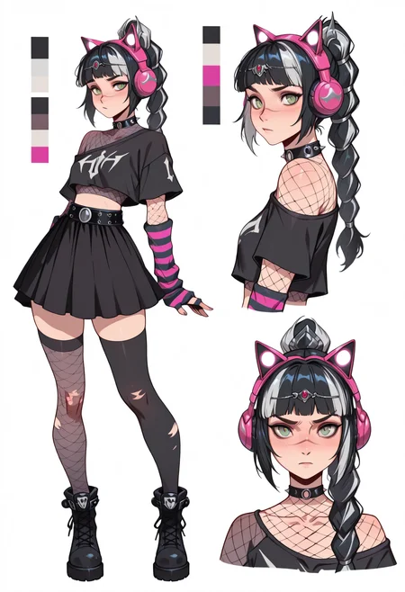 masterpiece, best quality, amazing quality, 1girl, solo,
ggheart , scar on face,
braid, bangs, multicolored hair,
cat ear headphones, skirt, striped gloves, torn thighhighs, black skirt, crop top, fishnets,
<lora:ggShadowheart_illustrious_byJaneB:1>
<lora:CharacterDesignIllustrious_Concept-10V2:1> reference sheet, simple white background, (color guide:1.2), (multiple views), (full body), dynamic pose,CharacterDesignIllustrious,