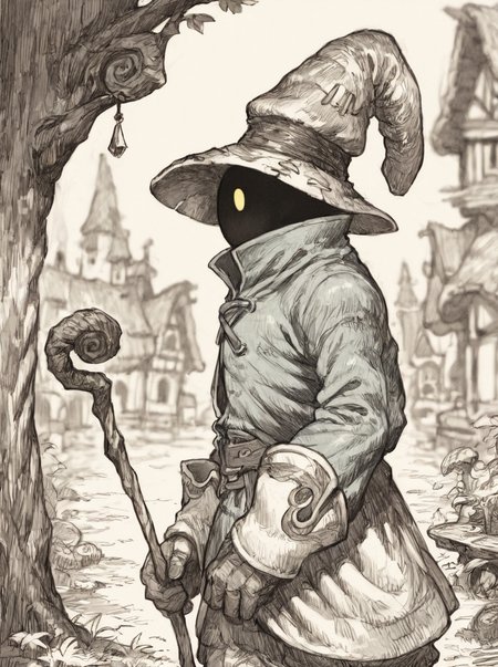 score_9, score_8_up, score_7_up, rating_safe, solo, gr4ph1t3, monochrome BREAK
expressiveh, 1male, bmcostume, hidden face, yellow eyes, mysterious, short, standing, wooden staff, side profile, portrait, looking at viewer, outdoors, fantasy town, depth of field  <lora:DetailedEyes_V3:0.5> <lora:Expressive_H:0.5> <lora:GraphiteSketch:0.5> <lora:BlackMageCostumeSDXL-V1:1>
