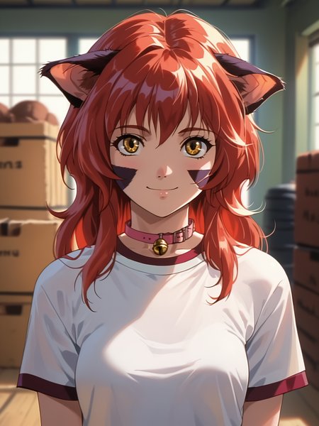 <lora:happy_tentacle-nina-v0.4-000010:0.9>, ht_nina, whisker markings, body fur, pink collar, neck bell, gym storeroom, gym uniform, mat, vaulting horse , red hair, yellow eyes , cowboy shot, 1girl, (petite:1.2), solo focus, smile, , (looking at viewer:1.1), sidelighting, (depth of field:0.8), , [(realistic, photorealistic:1.2):(realistic:1.3):22], [(3d:1.2)::10], <lora:LUUNA's Lunas-NijiJourney-SDXL-B2:0.5>, nijijourney, <lora:prgfrg23's Counterfeit-V3.0 Style SDXL_LoRA_Pony Diffusion V6 XL:0.35> <lora:Shed_The_Skin's StS_age_slider_v1_initial_release:-1>, score_9, score_8_up, score_7_up, score_6_up, score_5_up, score_4_up,