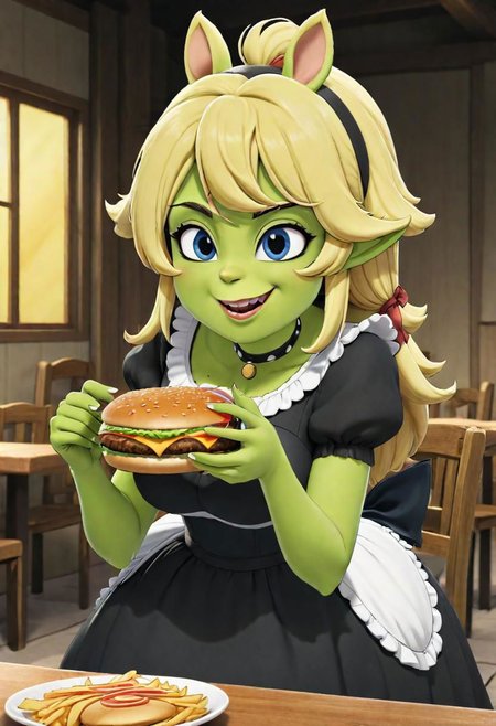 2d,anime,shrek_(kemono friends) wearing a dress and eating a cheesburger,1girl,solo,scene from kemono friends