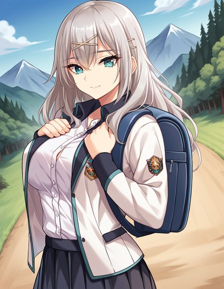 score_9, score_8_up, score_7_up, source_anime, <lora:aina-leminen-ingame-ponyxl-lora-nochekaiser:1>, aina leminen, long hair, bangs, blue eyes, large breasts, hair ornament, hair between eyes, hairclip, x hair ornament, grey hair,, skirt, shirt, long sleeves, school uniform, jacket, white shirt, pleated skirt, open clothes, miniskirt, black skirt, open jacket, dress shirt, white jacket,, mountain trail, hiking, nature, backpack, adventure, fresh air, smile, hands on own chest,, looking at viewer, solo,, dutch angle, cowboy shot
