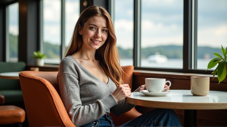 sci-fi style a slim elegant woman sitting in a cafe holding a large mug of coffee in her hands
she has a heavy lower lip and hollow cheeks, she appears to be 30 years old
her eyes are an intense green colour and her long flowing hair is a (brilliant auburn colour:1.2)
she's looking at the viewer across a low table, she's sitting in a large comfy chair with her feet tucked up beside her
she's wearing jeans and a (cropped:1.3) woolen jumper with a low neckline and  long baggy sleeves
she looks very relaxed and happy, her eyes glitter, . futuristic, technological, alien worlds, space themes, advanced civilizations, score_9, score_8_up, score_7_up, hyperdetailed, hyperrealistic,  best quality, (masterpiece:1.3),high-definition, intricate details, volumetric lighting, symmetrical face, level eyes,