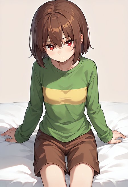 score_9, score_8_up, score_7_up, source_anime , <lora:Chara pony:0.7>,  chara, 1girl, shorts, shirt, brown hair, solo, striped, simple background, brown shorts, long sleeves, green shirt, striped shirt, red eyes, small breasts, closed mouth, looking at viewer, sitting on the bed