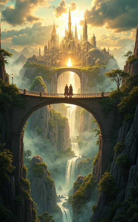 a wide aerial view of a floating elven city in the sky,with two elven figures walking side by side across a glowing skybridge,the bridge arching between tall crystal towers,surrounded by clouds and golden light,majestic and serene atmosphere,vivid style,magical fantasy architecture.,
<lora:aidmaMJ6.1_v0.5_3:0.6>,aidmaMJ6.1,<lora:klordoftherings-01:0.6>,klordoftherings,